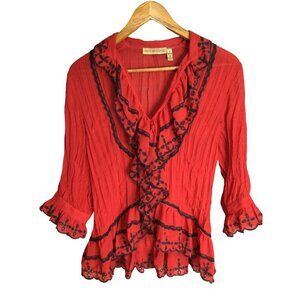 Womens Vintage Ruffled Embroidered Eyelet Lace Blouse Top Size S Sheer